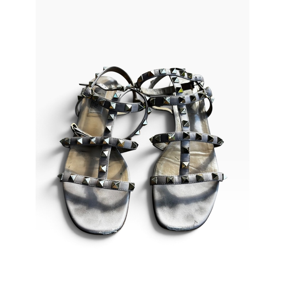Valentino Rockstud Silver Studded Metallic Leather Cage Sandals 37.5 Gladiator